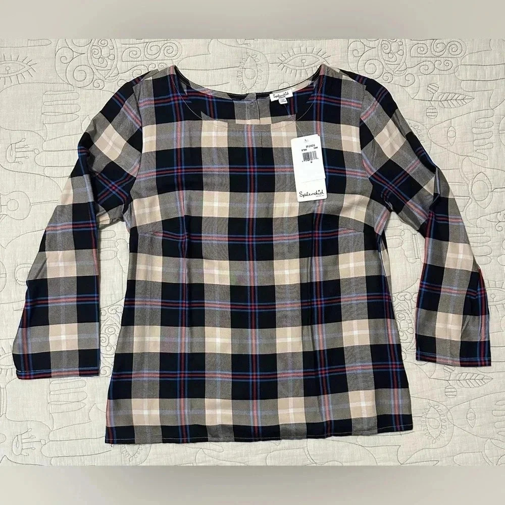NWT Splendid Plaid Button Down Back Top Size M